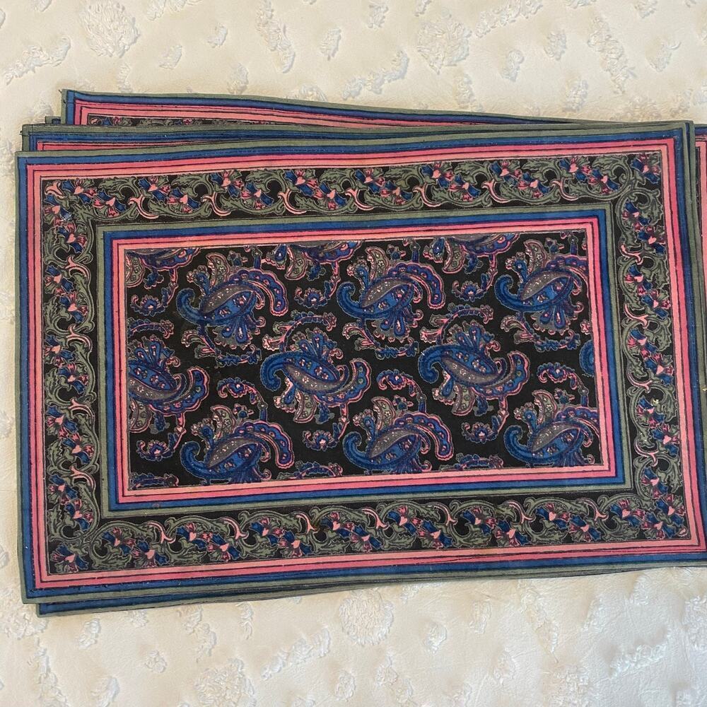 Set of 8 Cotton Placemats Block Printed Made in India Paisley Colorful